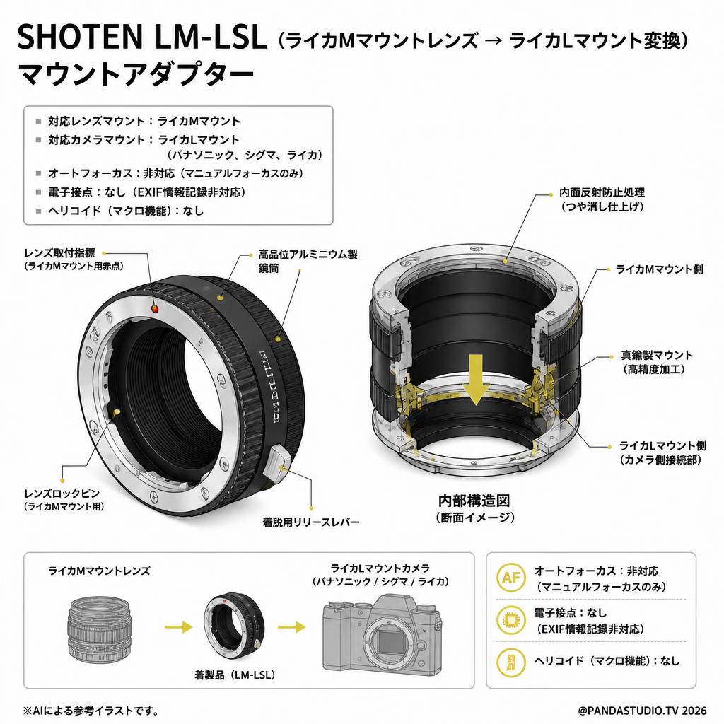 SHOTEN LM-LSL（ライカMマウントレンズ → ライカLマウント変換）マウントアダプター スペック