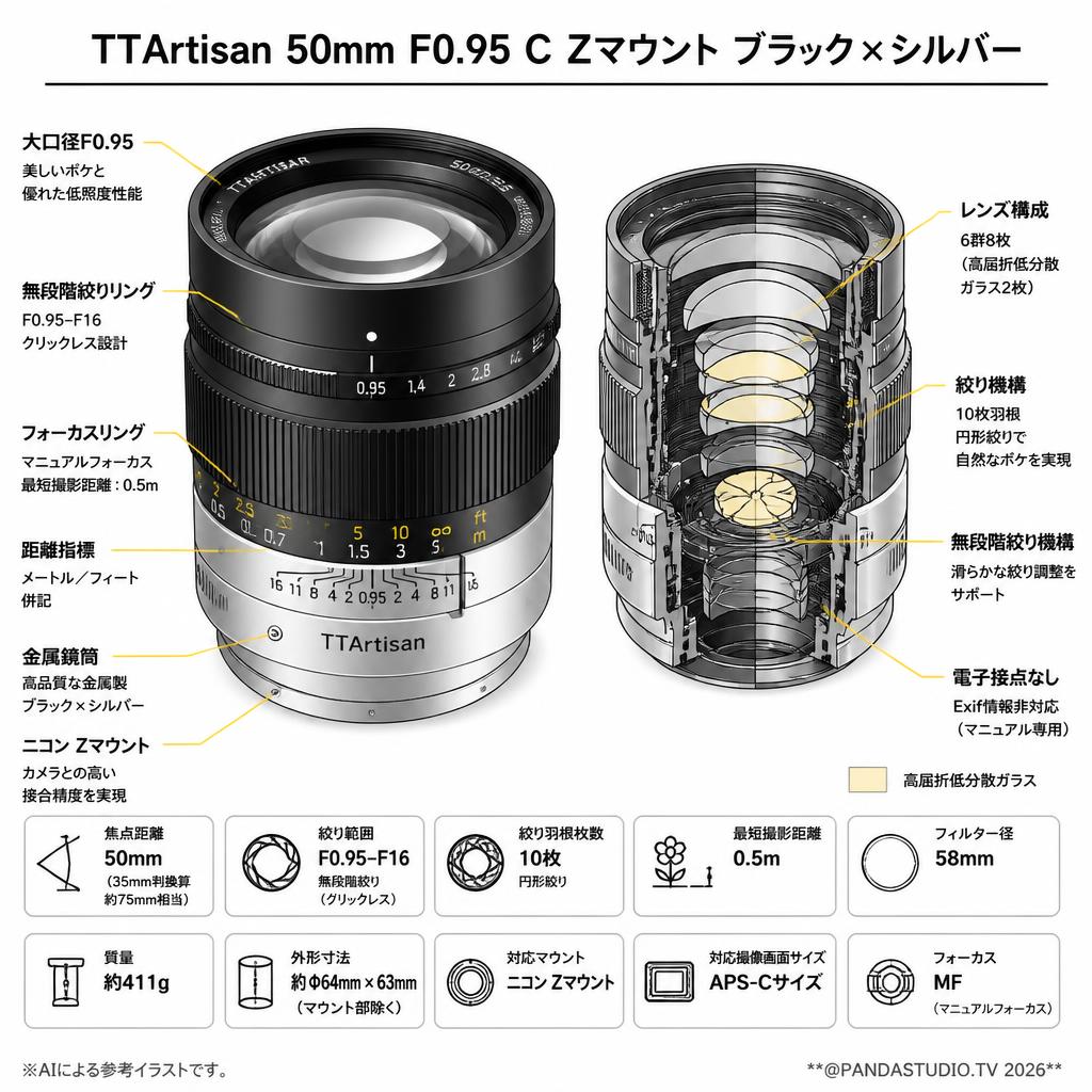 TTArtisan 50mm F0.95 C Zマウント ブラック×シルバー スペック