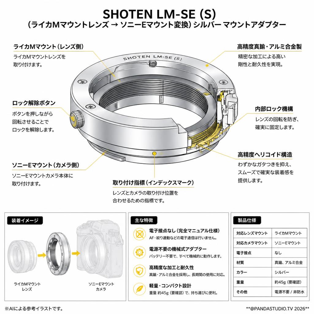 SHOTEN LM-SE (S) (ライカMマウントレンズ →ソニーEマウント変換）シルバー マウントアダプター スペック