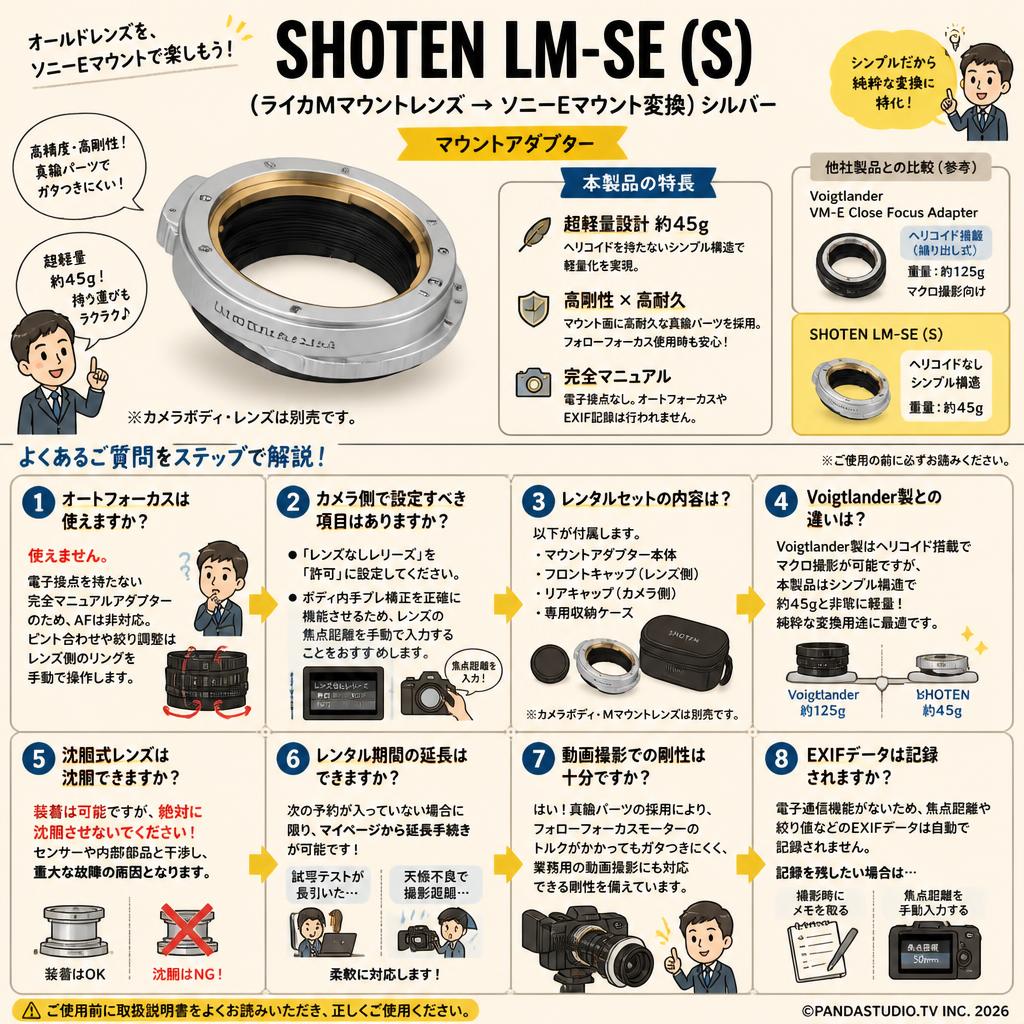 SHOTEN LM-SE (S) (ライカMマウントレンズ →ソニーEマウント変換）シルバー マウントアダプター FAQ（よくある質問と答え）