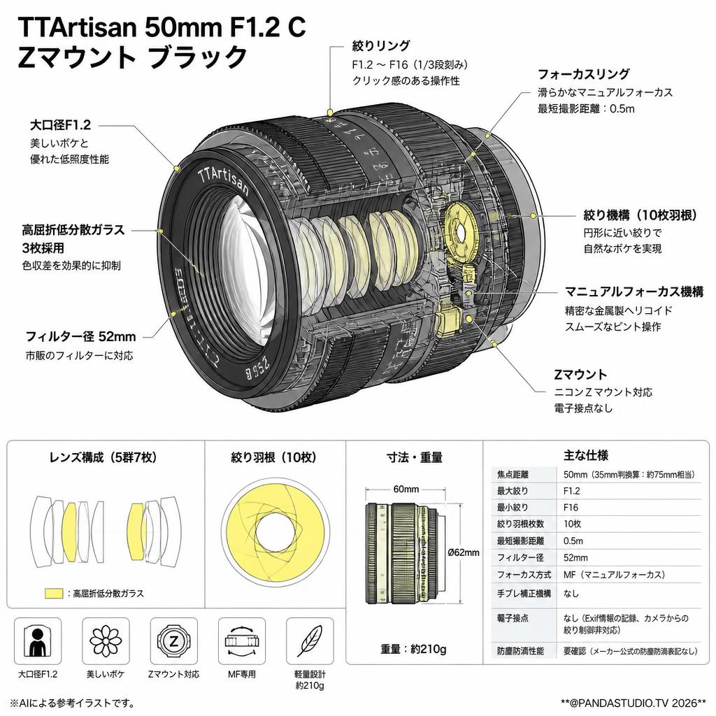 TTArtisan 50mm F1.2 C Zマウント ブラック スペック
