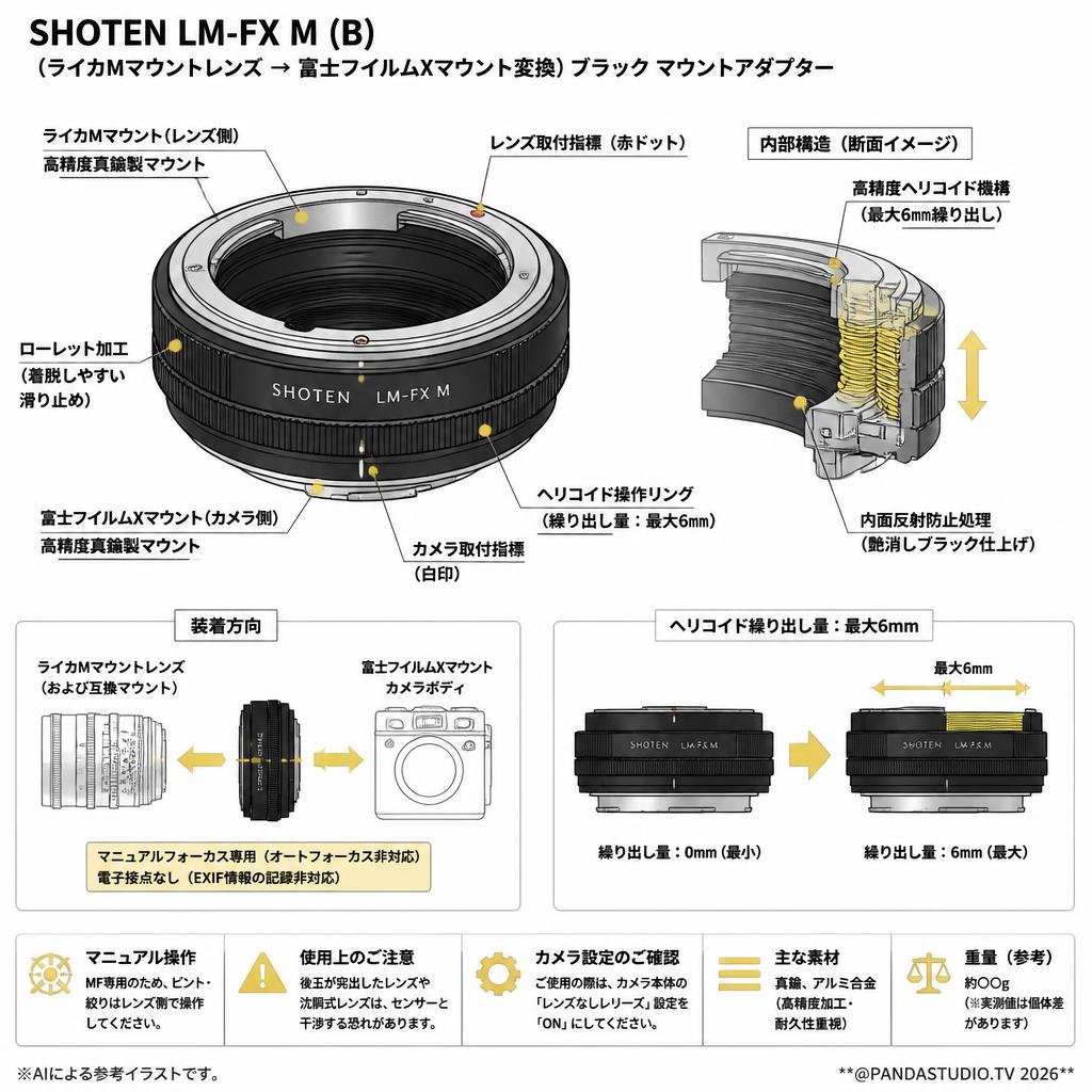 SHOTEN LM-FX M (B)（ライカMマウントレンズ → 富士フイルムXマウント変換）ブラック マウントアダプター スペック