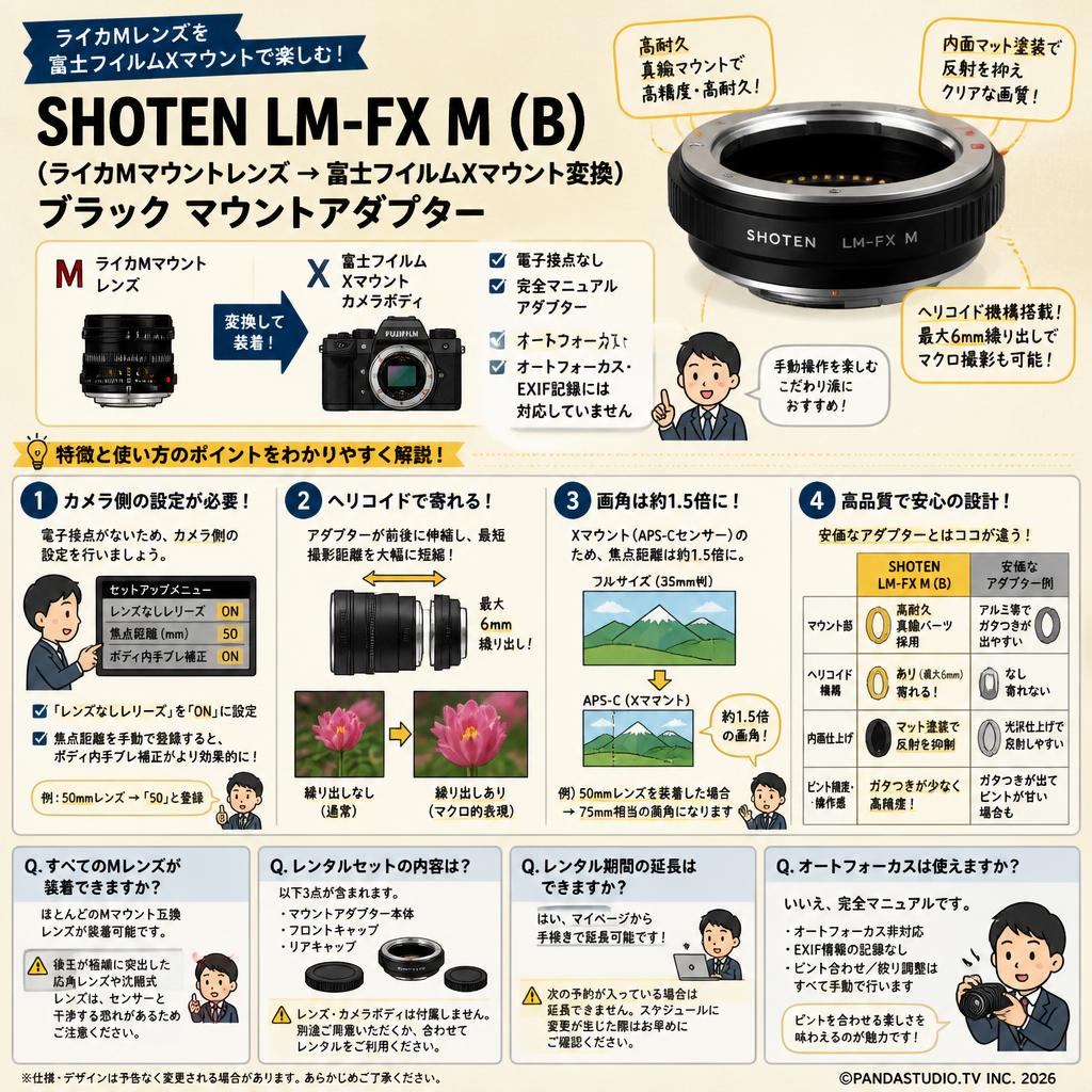 SHOTEN LM-FX M (B)（ライカMマウントレンズ → 富士フイルムXマウント変換）ブラック マウントアダプター FAQ（よくある質問と答え）