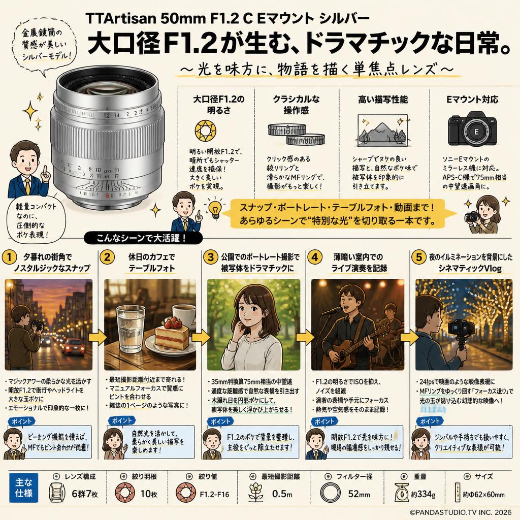 TTArtisan 50mm F1.2 C Eマウント シルバー 用途