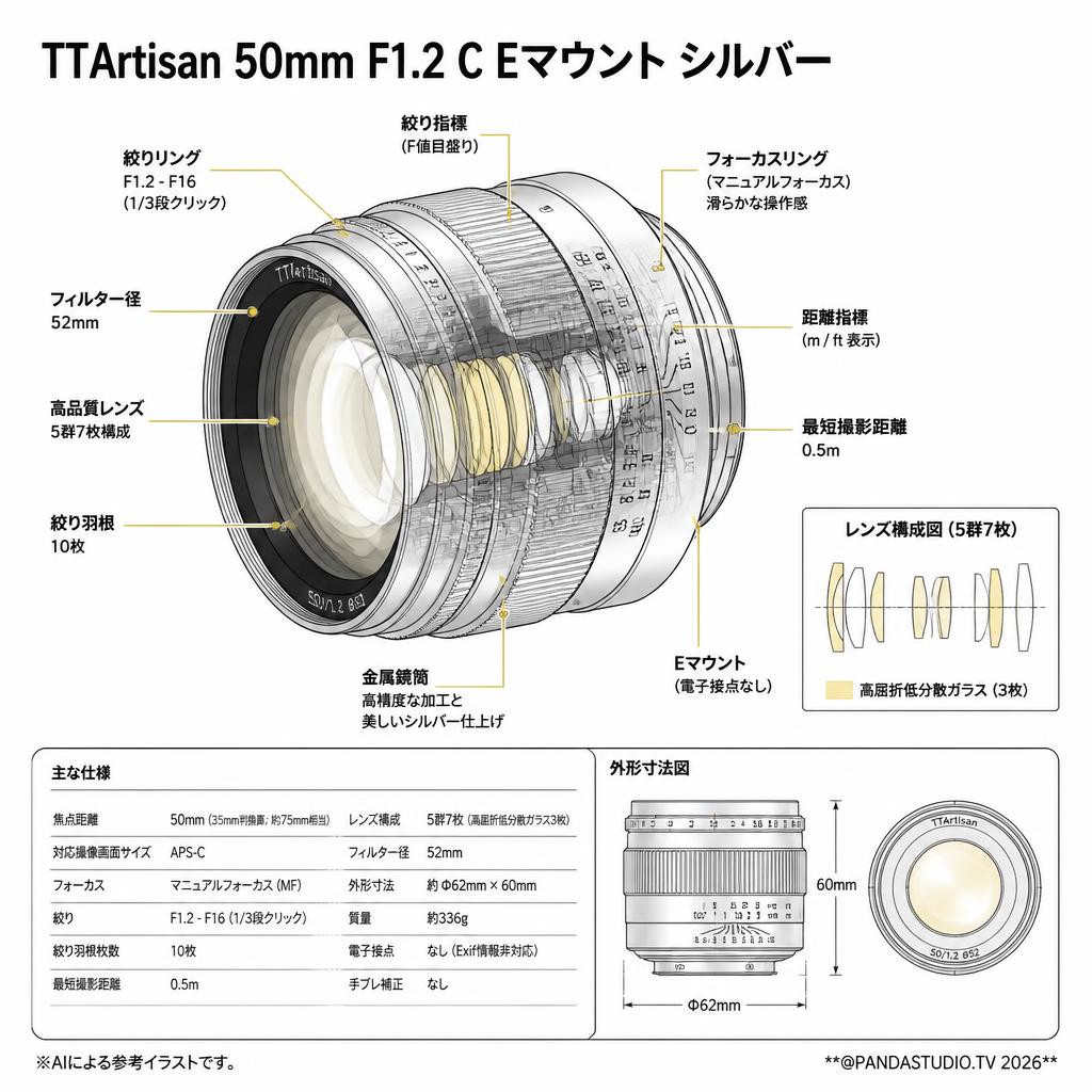 TTArtisan 50mm F1.2 C Eマウント シルバー スペック