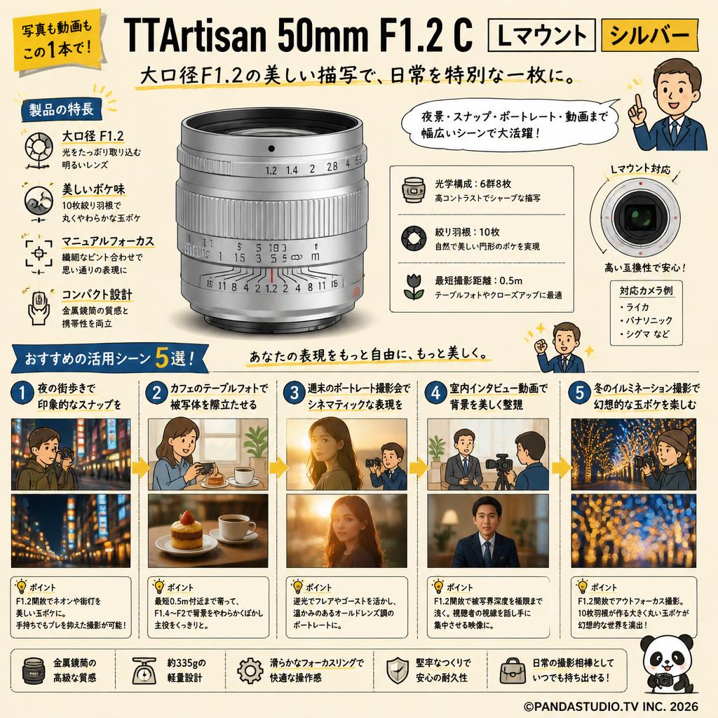 TTArtisan 50mm F1.2 C Lマウント シルバー 用途