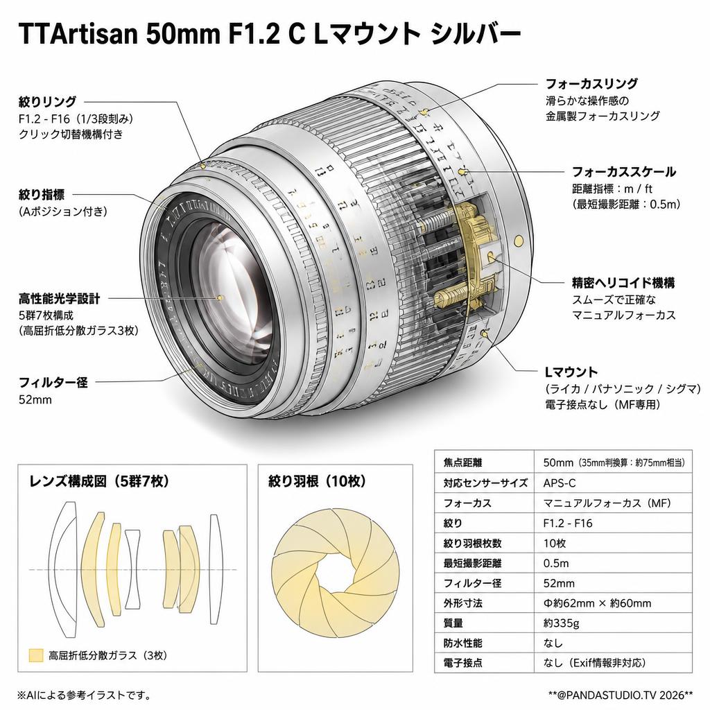 TTArtisan 50mm F1.2 C Lマウント シルバー スペック