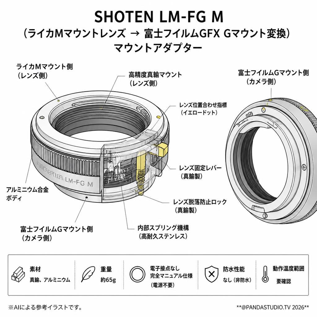 SHOTEN  LM-FG M (ライカMマウントレンズ → 富士フイルムGFX Gマウント変換）マウントアダプター スペック