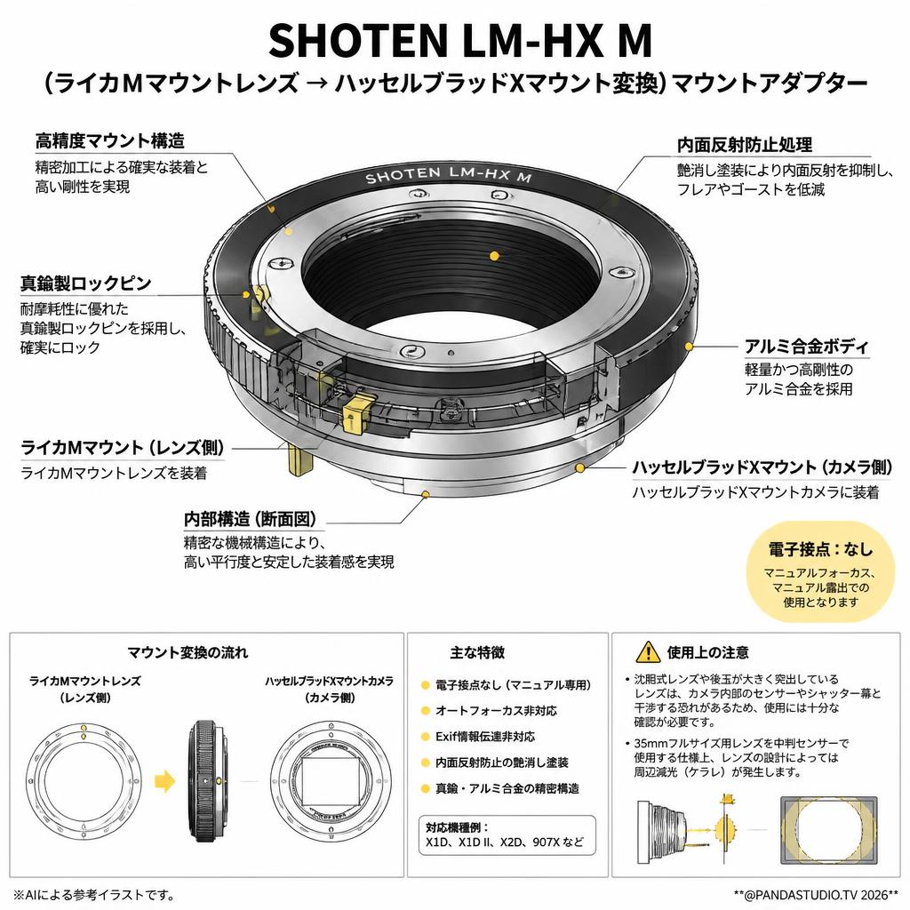 SHOTEN LM-HX M（ライカMマウントレンズ → ハッセルブラッドXマウント変換）マウントアダプター スペック