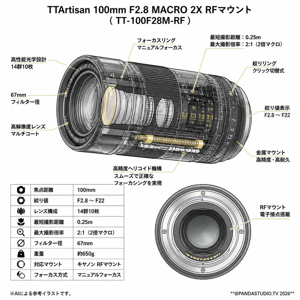 TTArtisan 100mm F2.8 MACRO 2X RFマウント ( TT-100F28M-RF ) スペック