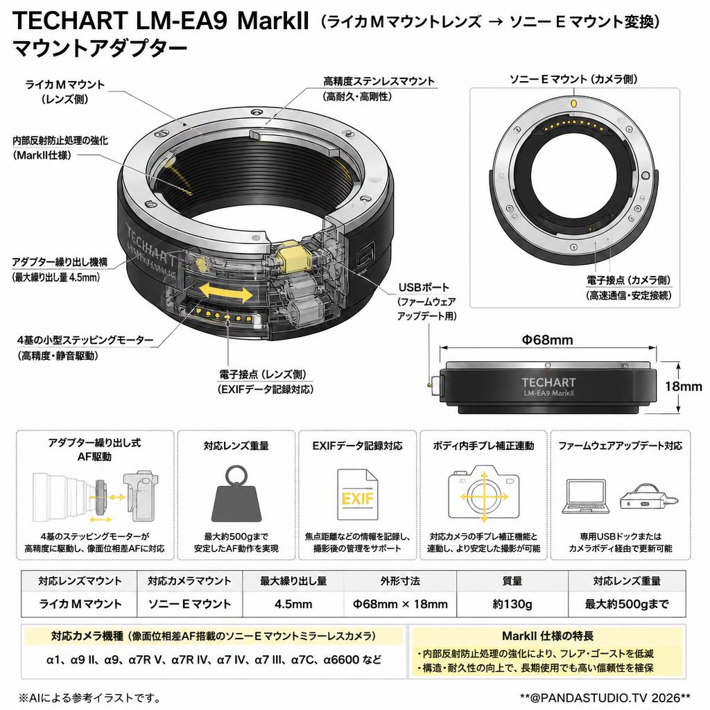 TECHART LM-EA9 MarkII （ライカＭマウントレンズ → ソニーＥマウント変換）マウントアダプター スペック