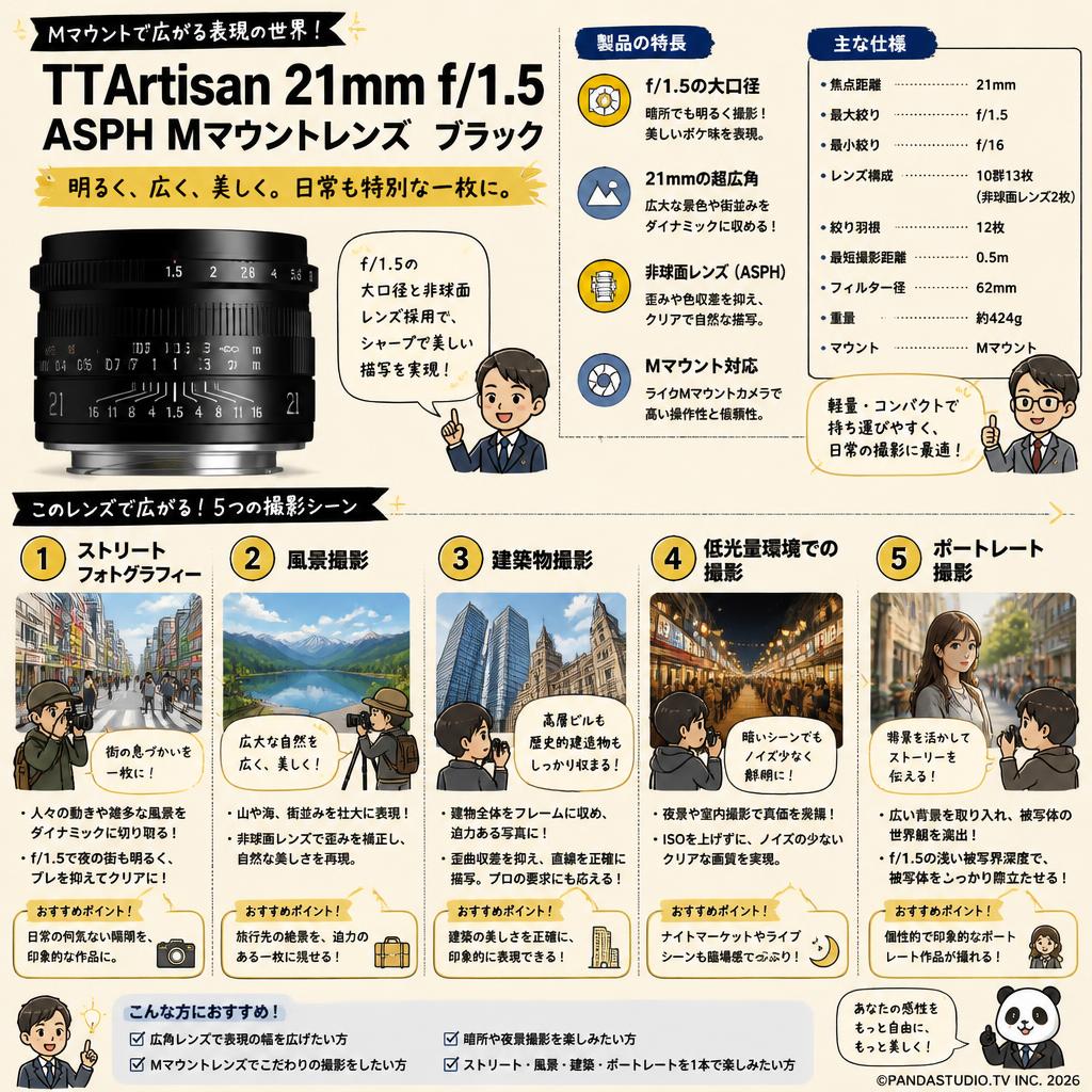 TTArtisan 21mm f/1.5 ASPH Mマウントレンズ　 ブラック 用途