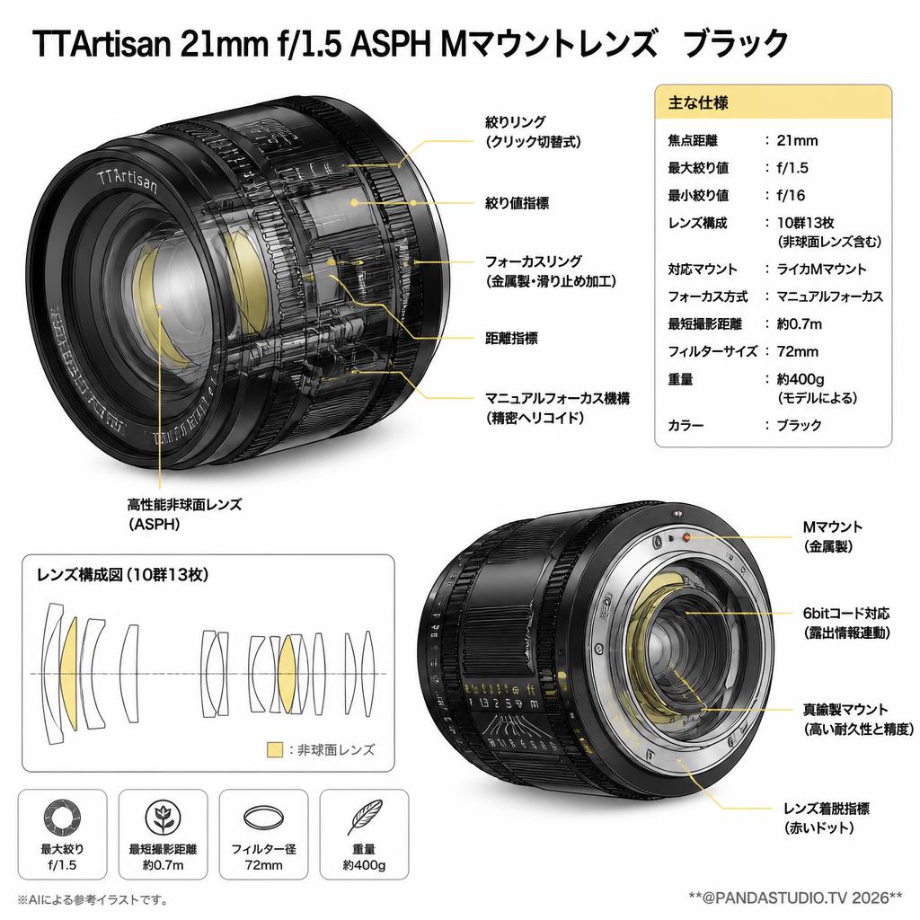 TTArtisan 21mm f/1.5 ASPH Mマウントレンズ　 ブラック スペック