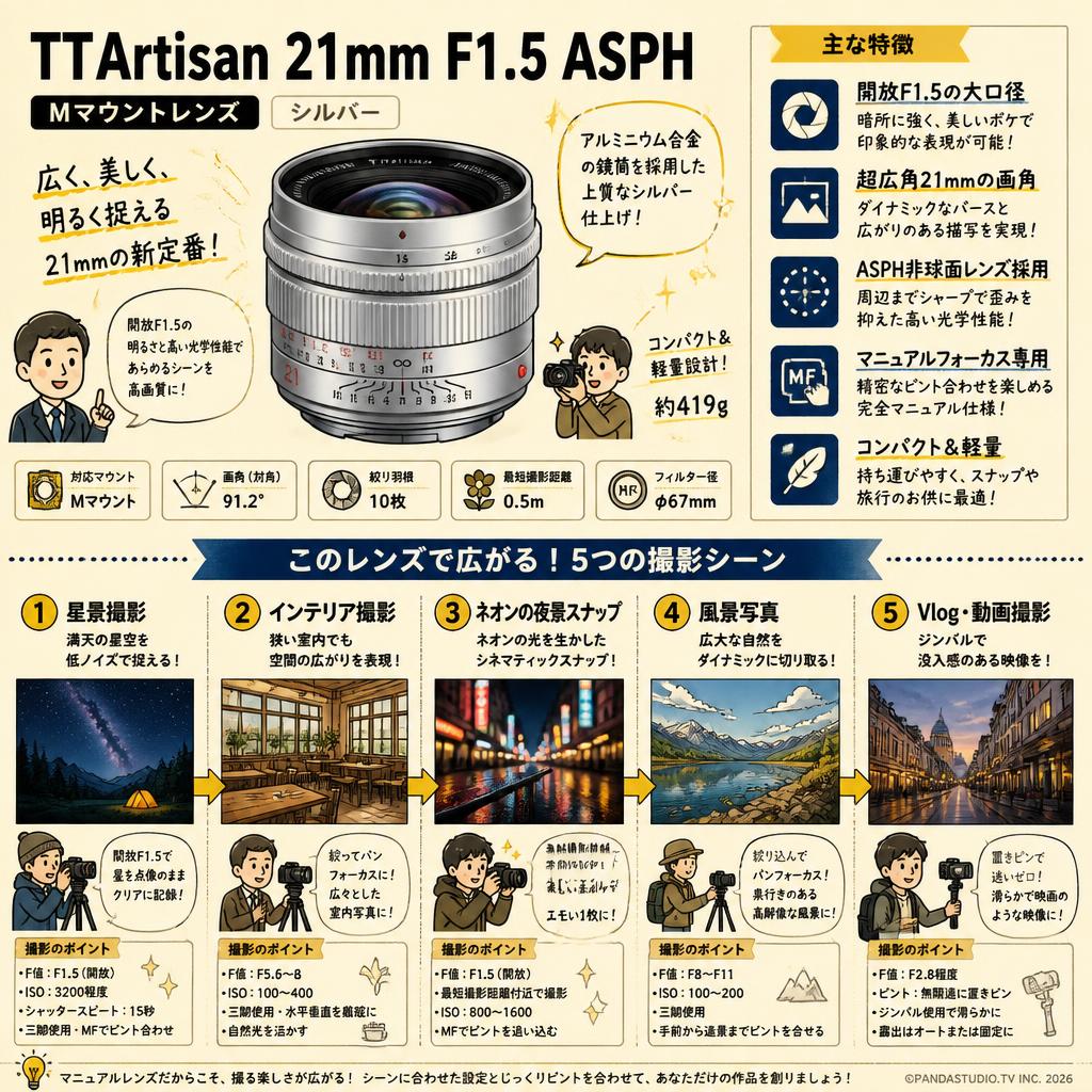 TTArtisan 21mm F1.5 ASPH Mマウントレンズ　シルバー 用途
