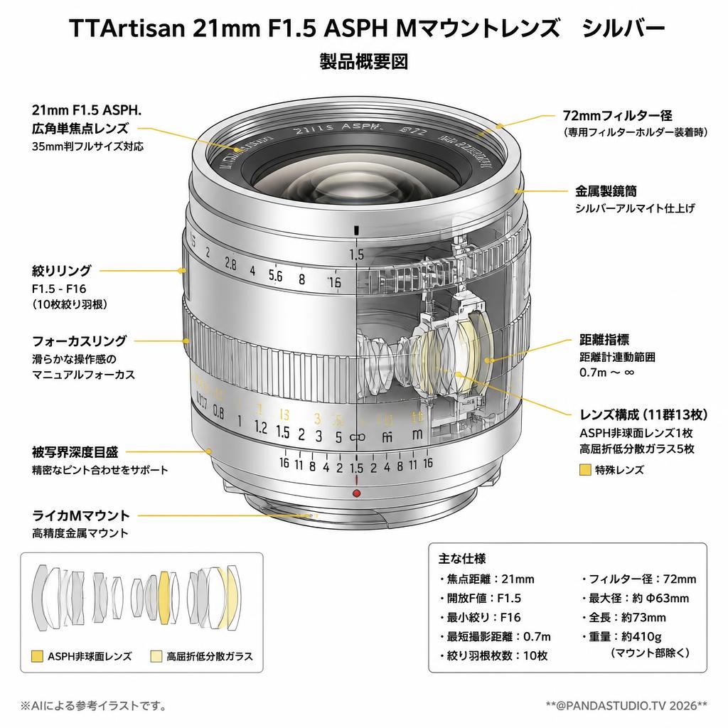 TTArtisan 21mm F1.5 ASPH Mマウントレンズ　シルバー スペック