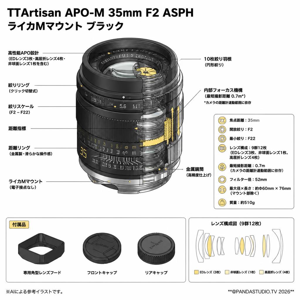 TTArtisan APO-M 35mm F2 ASPH ライカMマウント ブラック スペック