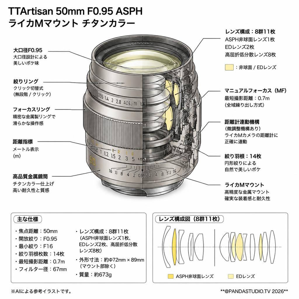 TTArtisan 50mm F0.95 ASPH ライカMマウント チタンカラー スペック