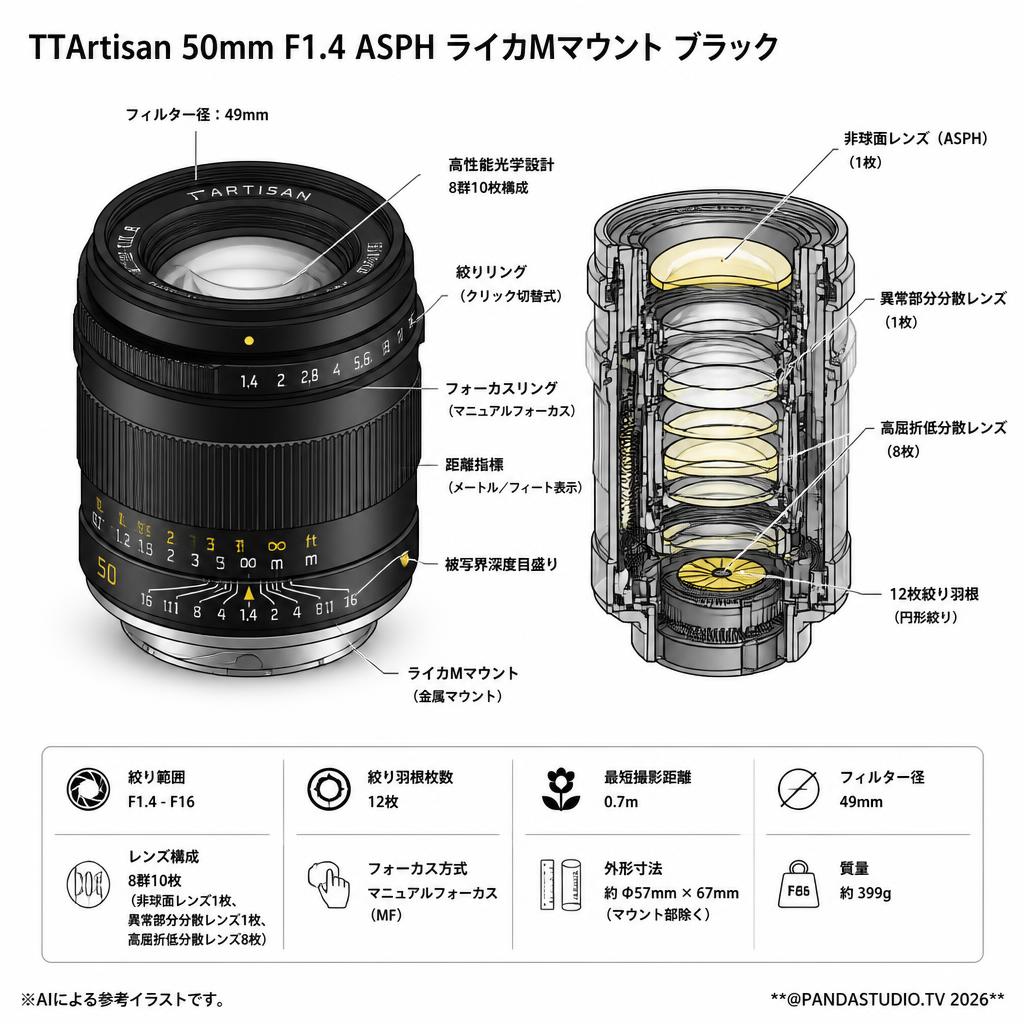 TTArtisan 50mm F1.4 ASPH ライカMマウント ブラック スペック