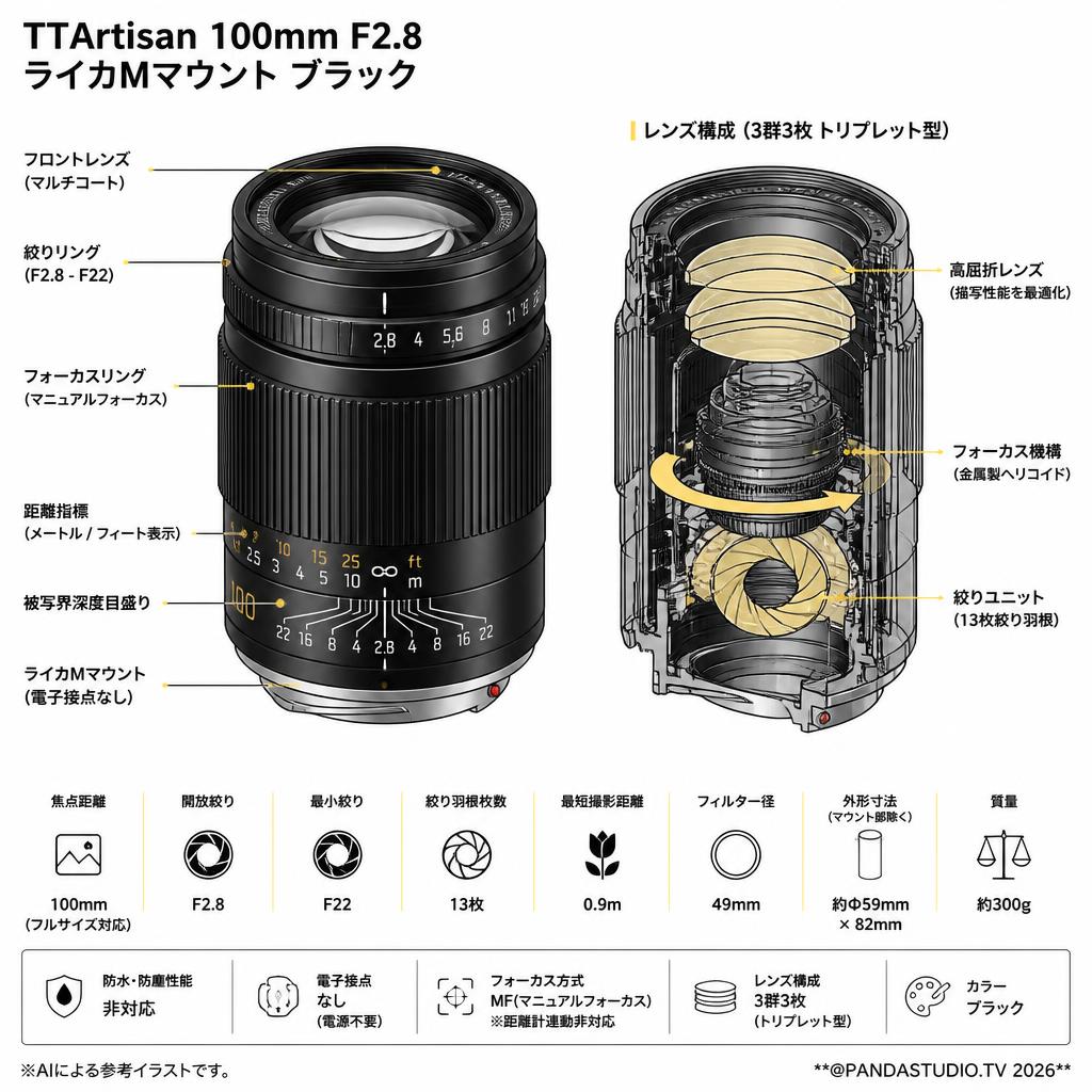 TTArtisan 100mm F2.8 ライカMマウント ブラック スペック