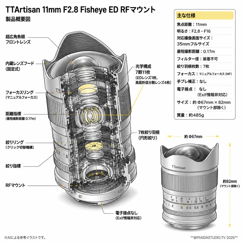 TTArtisan 11mm F2.8 Fisheye ED RFマウント スペック