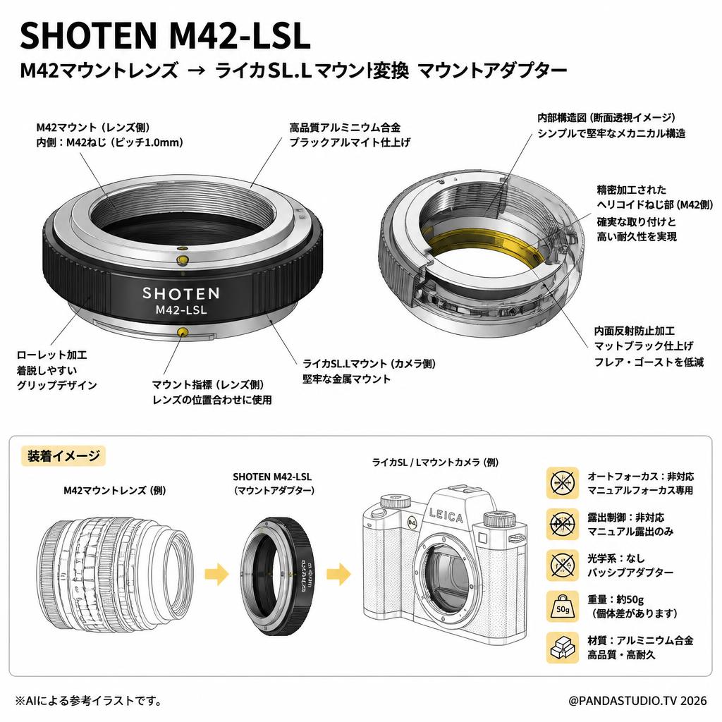 SHOTEN M42-LSL（M42マウントレンズ → ライカSL.Lマウント変換）マウントアダプター スペック