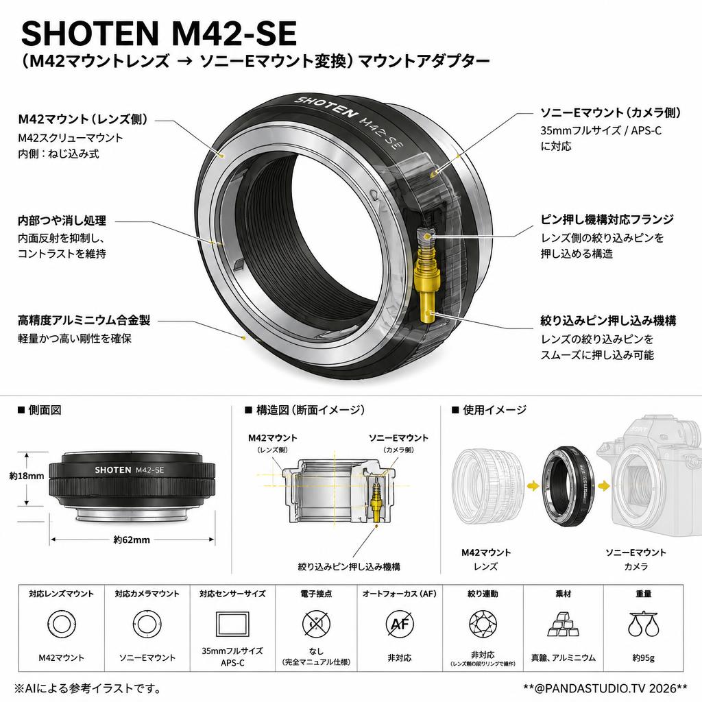 SHOTEN M42-SE（M42マウントレンズ → ソニーEマウント変換）マウントアダプター スペック