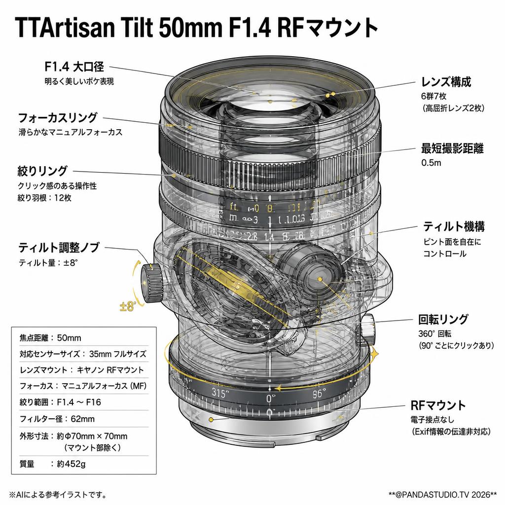 TTArtisan Tilt 50mm F1.4 RFマウント スペック