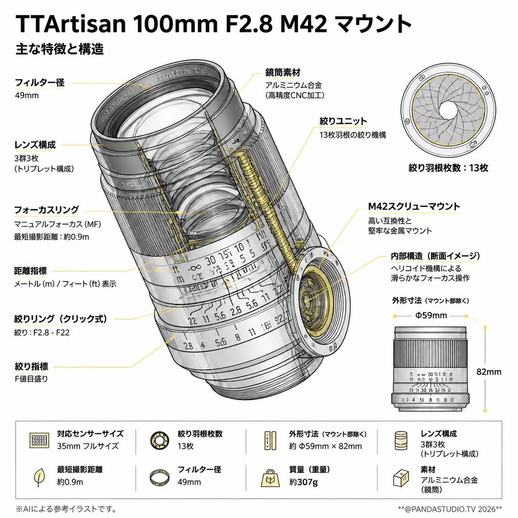 TTArtisan 100mm F2.8 M42 マウント スペック