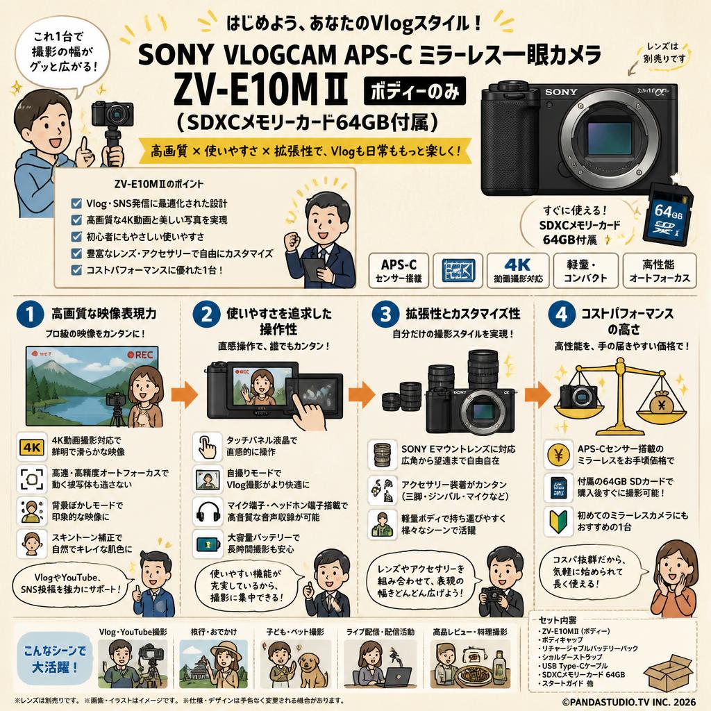 SONY VLOGCAM APS-C ミラーレス一眼カメラ ZV-E10MⅡ「ボディーのみ」(SDXCメモリーカード64GB付属) 概要