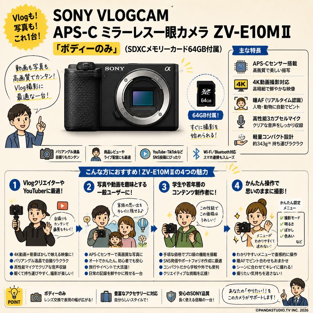 SONY VLOGCAM APS-C ミラーレス一眼カメラ ZV-E10MⅡ「ボディーのみ」(SDXCメモリーカード64GB付属) おもな対象のお客様
