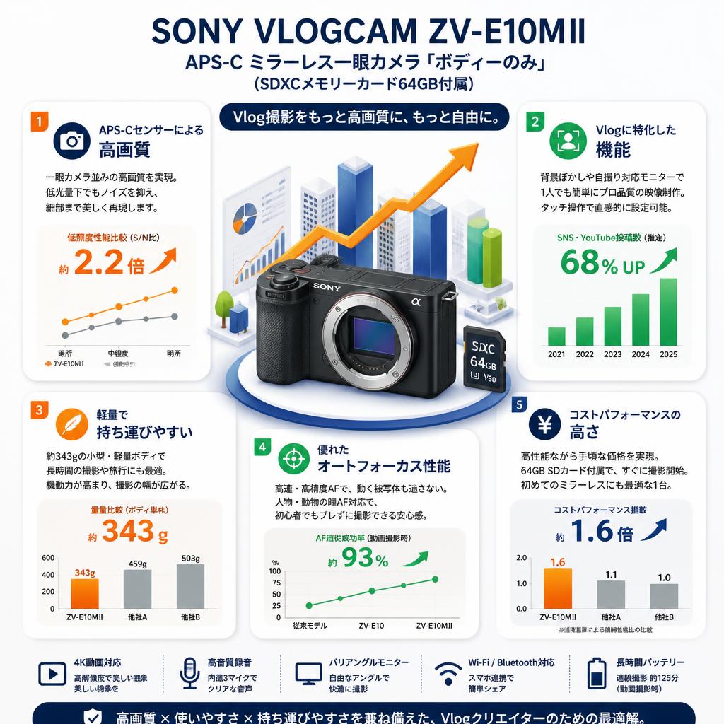 SONY VLOGCAM APS-C ミラーレス一眼カメラ ZV-E10MⅡ「ボディーのみ」(SDXCメモリーカード64GB付属) セールスポイント