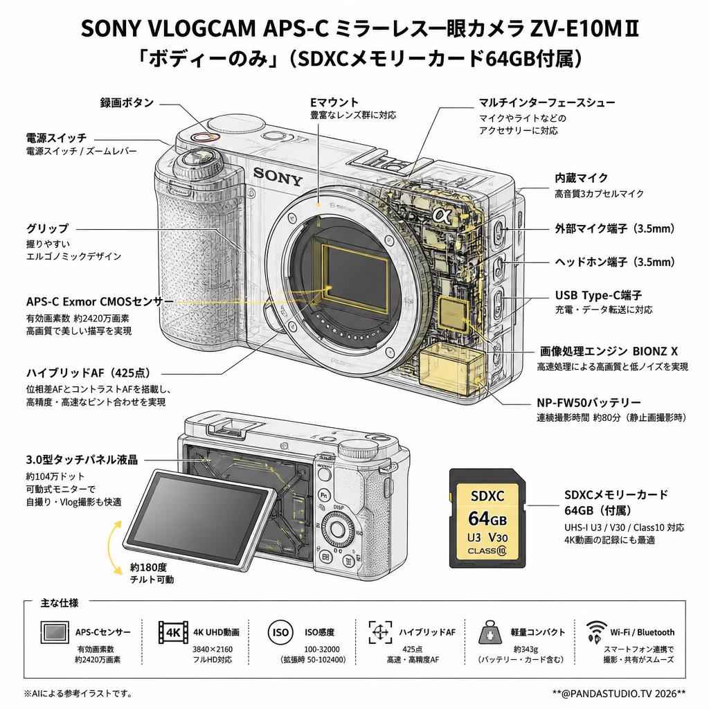 SONY VLOGCAM APS-C ミラーレス一眼カメラ ZV-E10MⅡ「ボディーのみ」(SDXCメモリーカード64GB付属) スペック