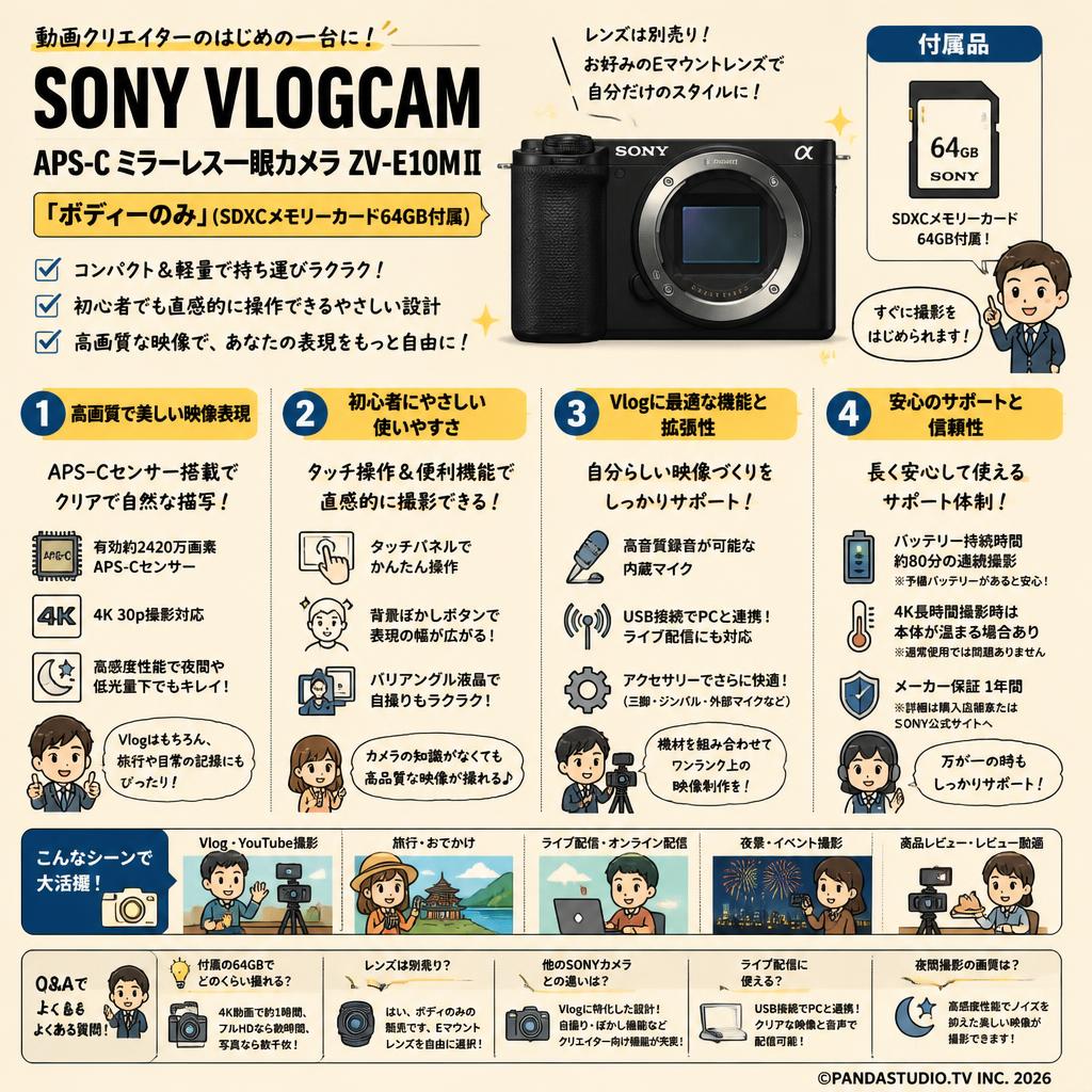 SONY VLOGCAM APS-C ミラーレス一眼カメラ ZV-E10MⅡ「ボディーのみ」(SDXCメモリーカード64GB付属) FAQ（よくある質問と答え）