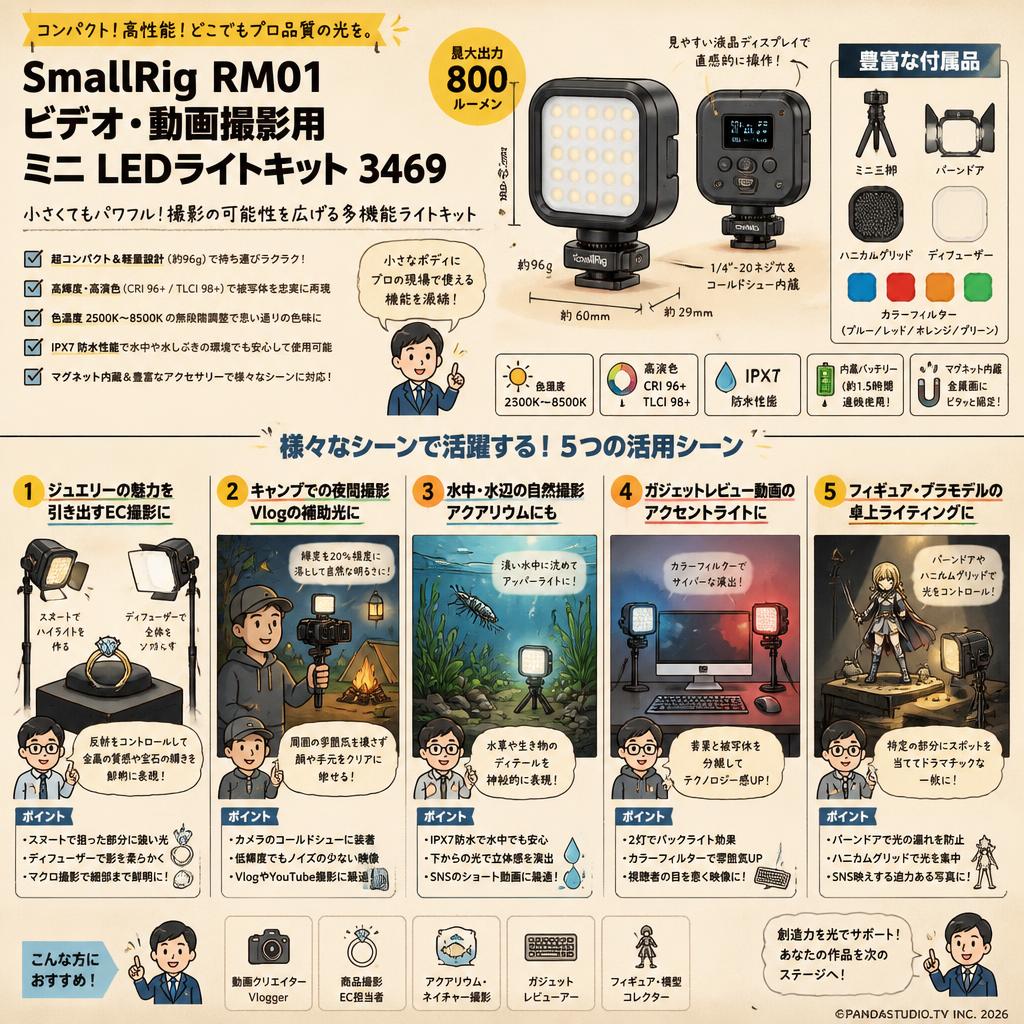 SmallRig RM01 ビデオ・動画撮影用ミニ LEDライトキット 3469 用途
