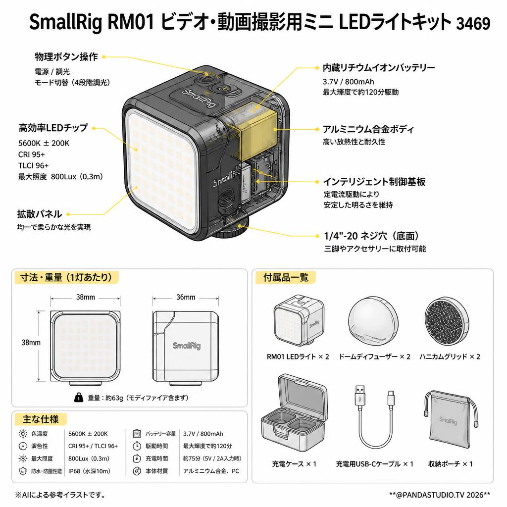 SmallRig RM01 ビデオ・動画撮影用ミニ LEDライトキット 3469 スペック