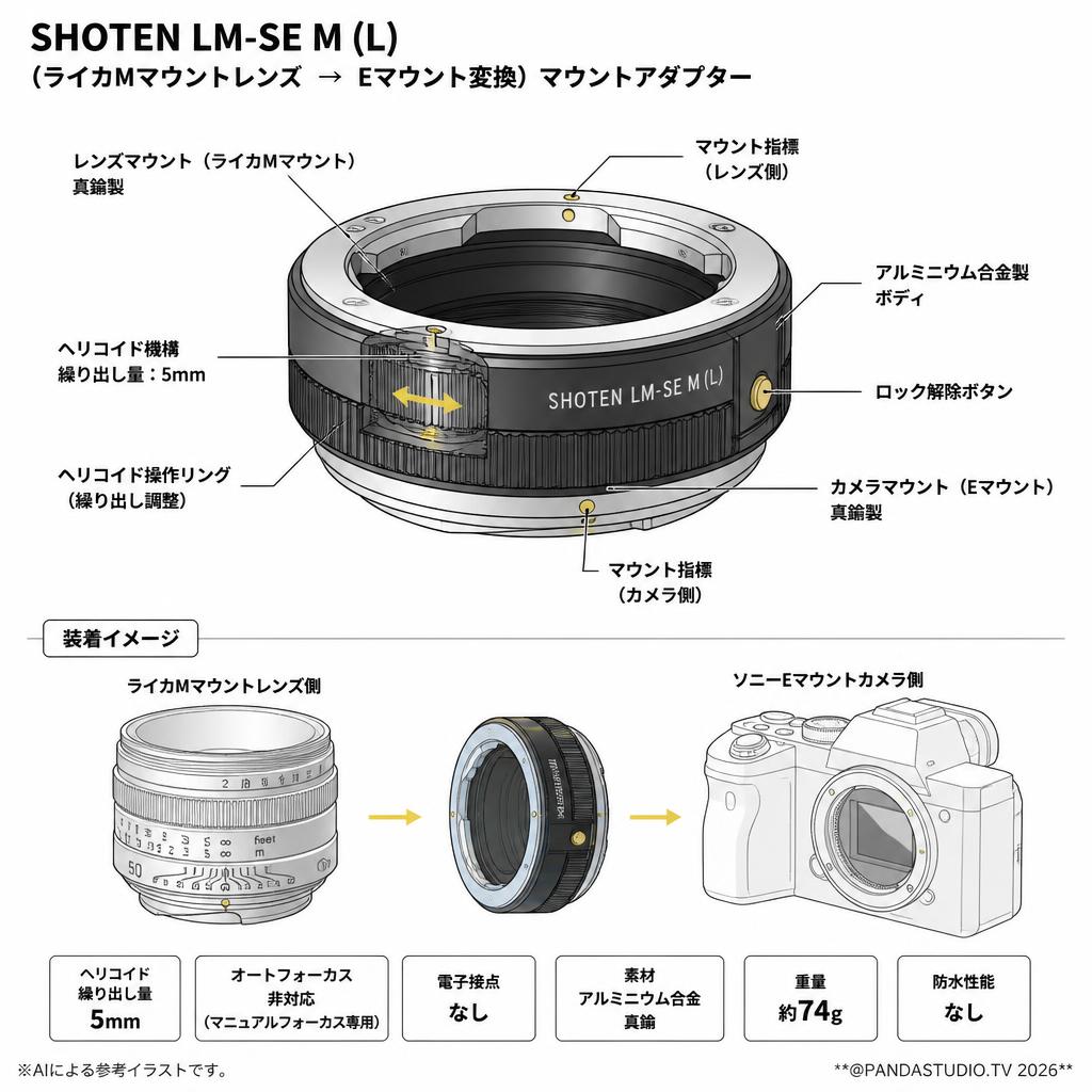 SHOTEN LM-SE M (L) (ライカMマウントレンズ → Eマウント変換) マウントアダプター スペック