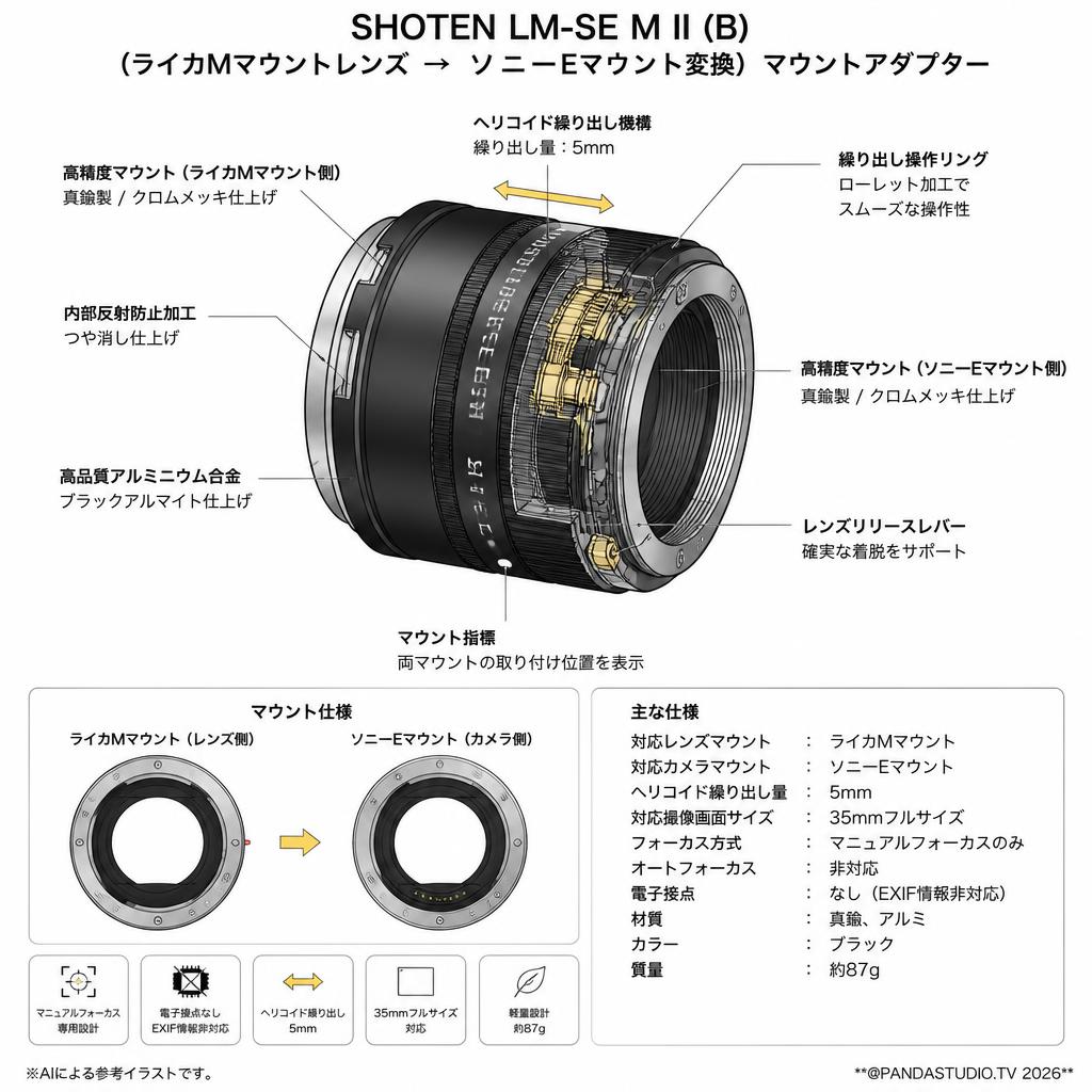 SHOTEN LM-SE M II (B)（ライカMマウントレンズ → ソニーEマウント変換） マウントアダプター スペック