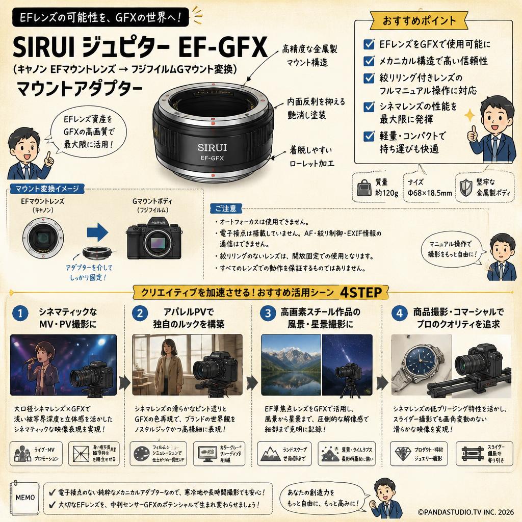 SIRUI ジュピター EF-GFX （キャノン EFマウントレンズ → フジフイルムGマウント変換）マウントアダプター 用途