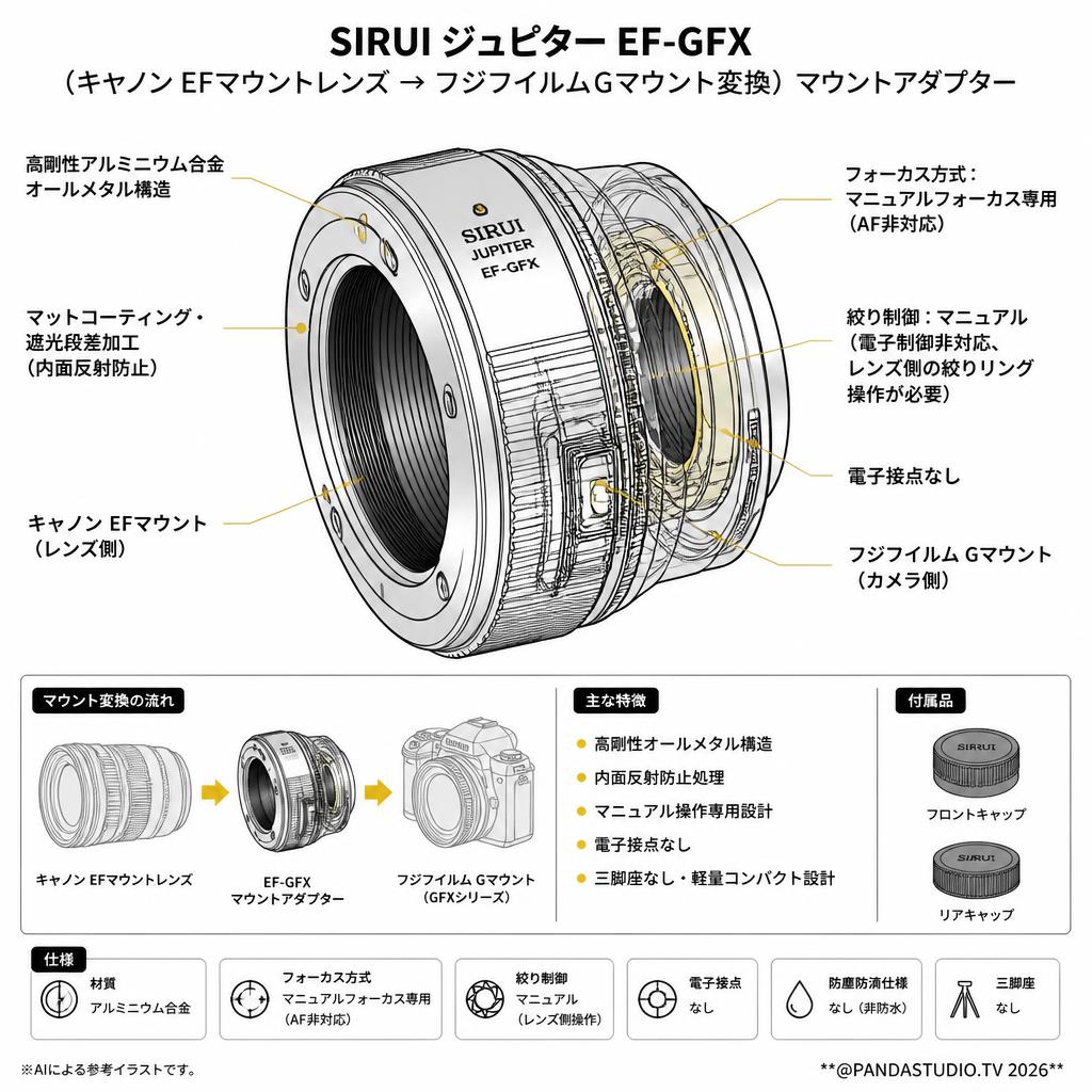 SIRUI ジュピター EF-GFX （キャノン EFマウントレンズ → フジフイルムGマウント変換）マウントアダプター スペック