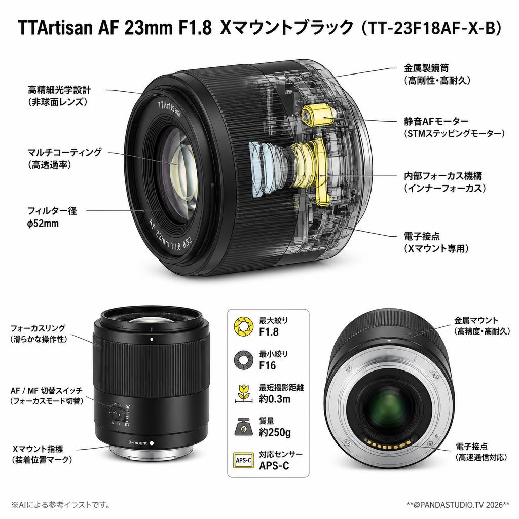 TTArtisan AF 23mm F1.8 Xマウントブラック（TT-23F18AF-X-B） スペック