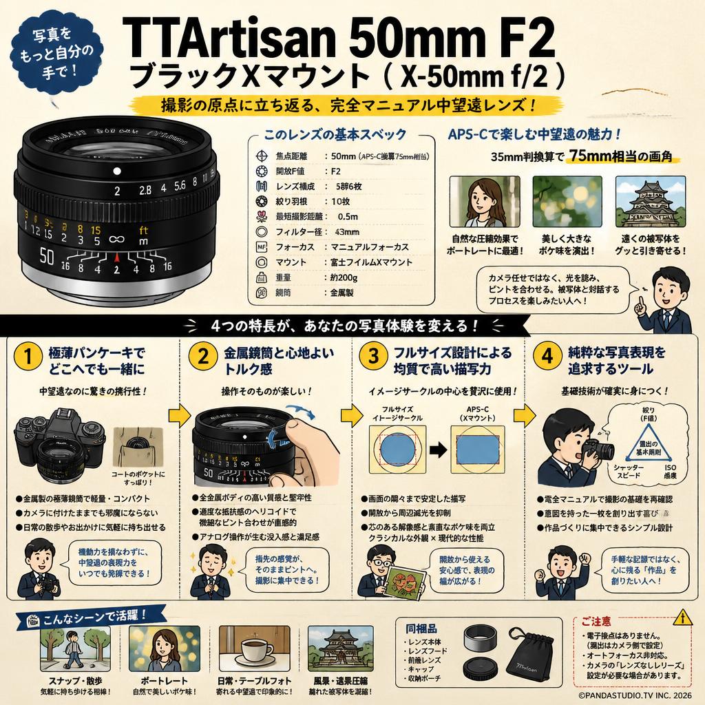 TTArtisan 50mm F2 ブラックXマウント（X-50mm f/2 ） 概要