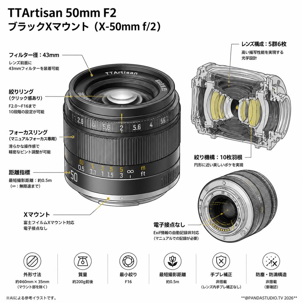 TTArtisan 50mm F2 ブラックXマウント（X-50mm f/2 ） スペック