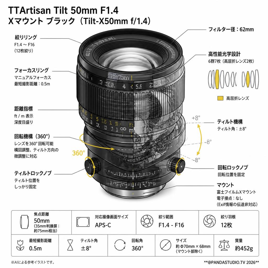 TTArtisan Tilt 50mm F1.4 Xマウントブラック（Tilt-X50mm f/1.4） スペック