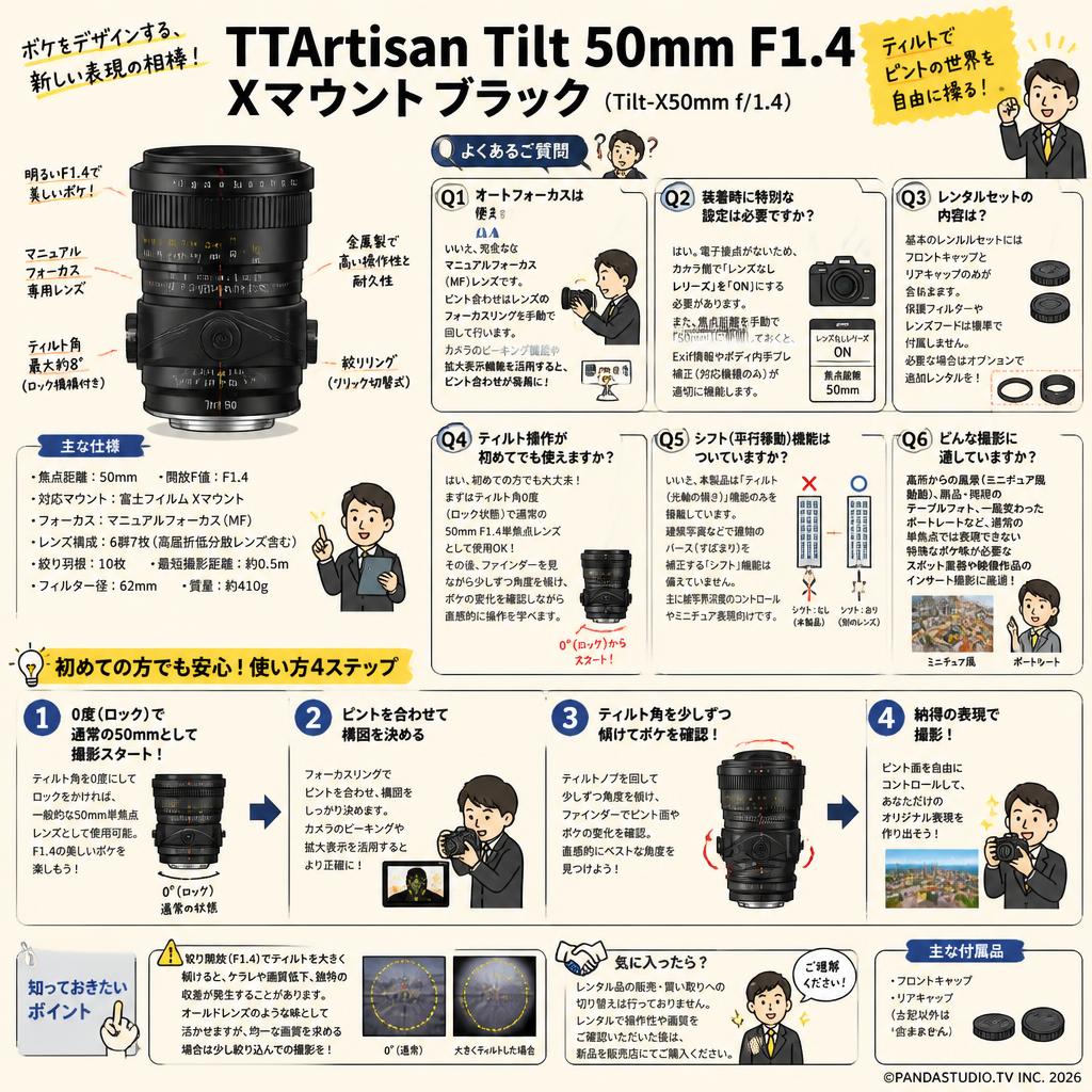 TTArtisan Tilt 50mm F1.4 Xマウントブラック（Tilt-X50mm f/1.4） FAQ（よくある質問と答え）