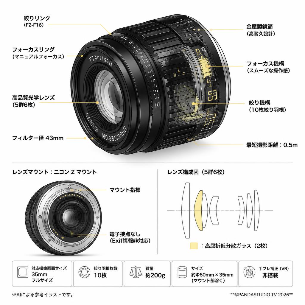 TTArtisan 50mm F2 ブラックZマウント（Z-50mm f/2 ） スペック