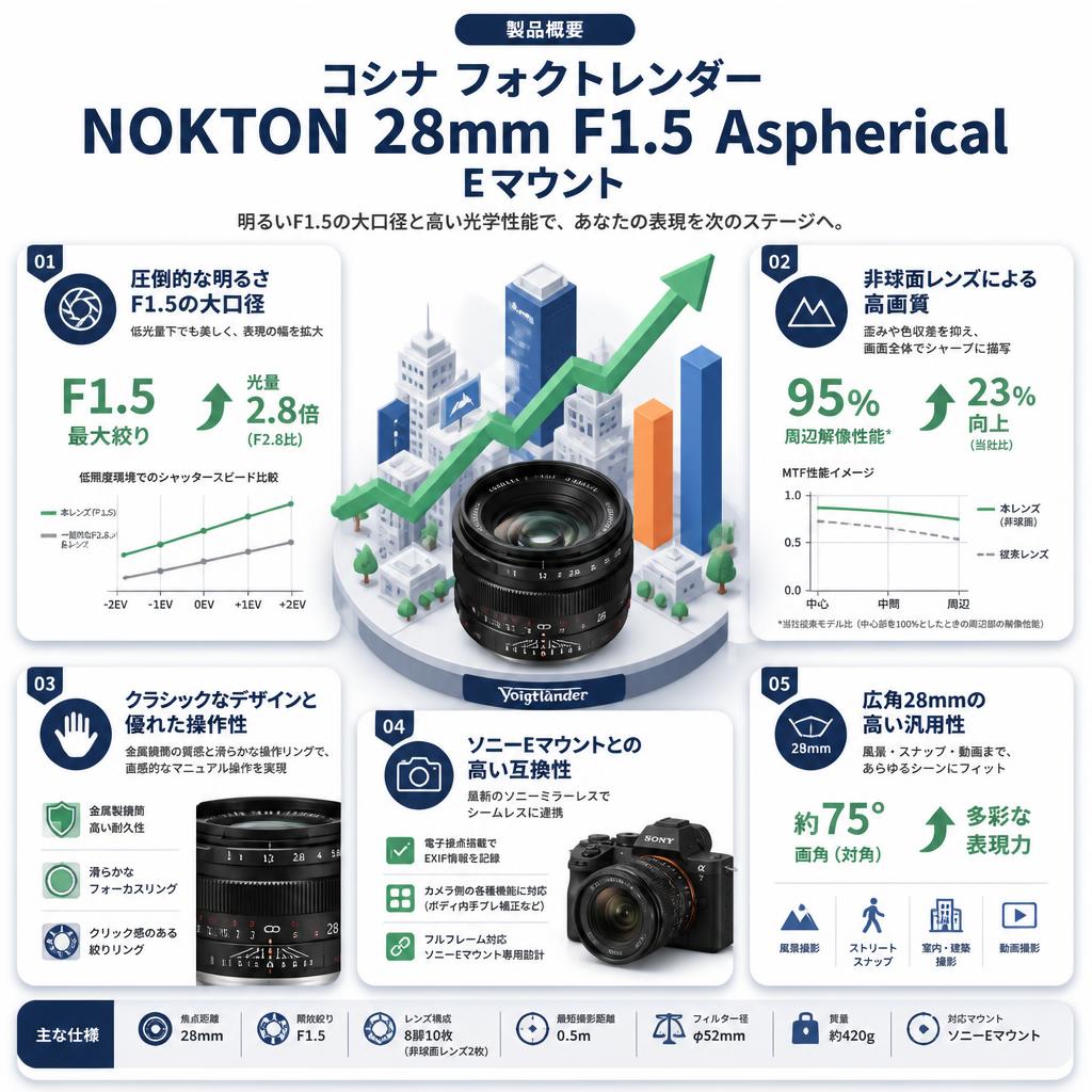 コシナ フォクトレンダーNOKTON 28mm F1.5 Aspherical Ｅマウント セールスポイント
