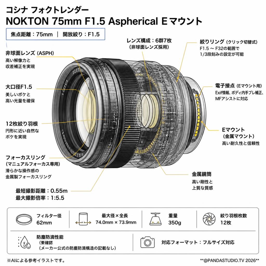 コシナ フォクトレンダー NOKTON 75mm F1.5 Aspherical Ｅマウント スペック