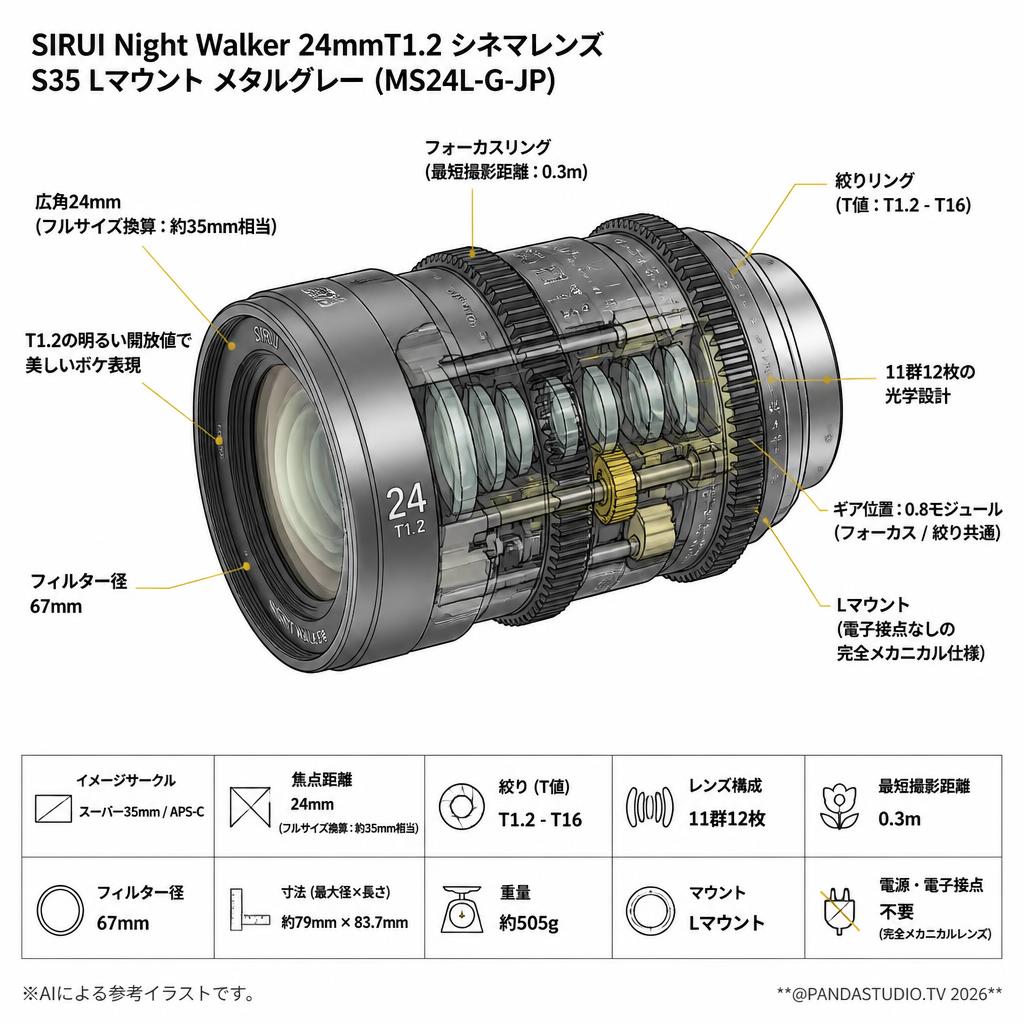SIRUI Night Walker 24mmT1.2 シネマレンズ S35 Lマウント メタルグレー (MS24L-G-JP) スペック