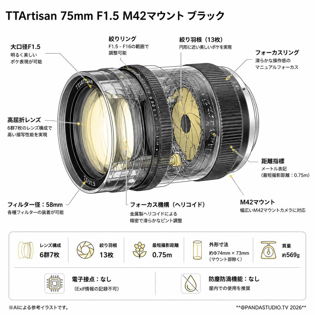 TTArtisan 75mm F1.5 M42マウント ブラック スペック