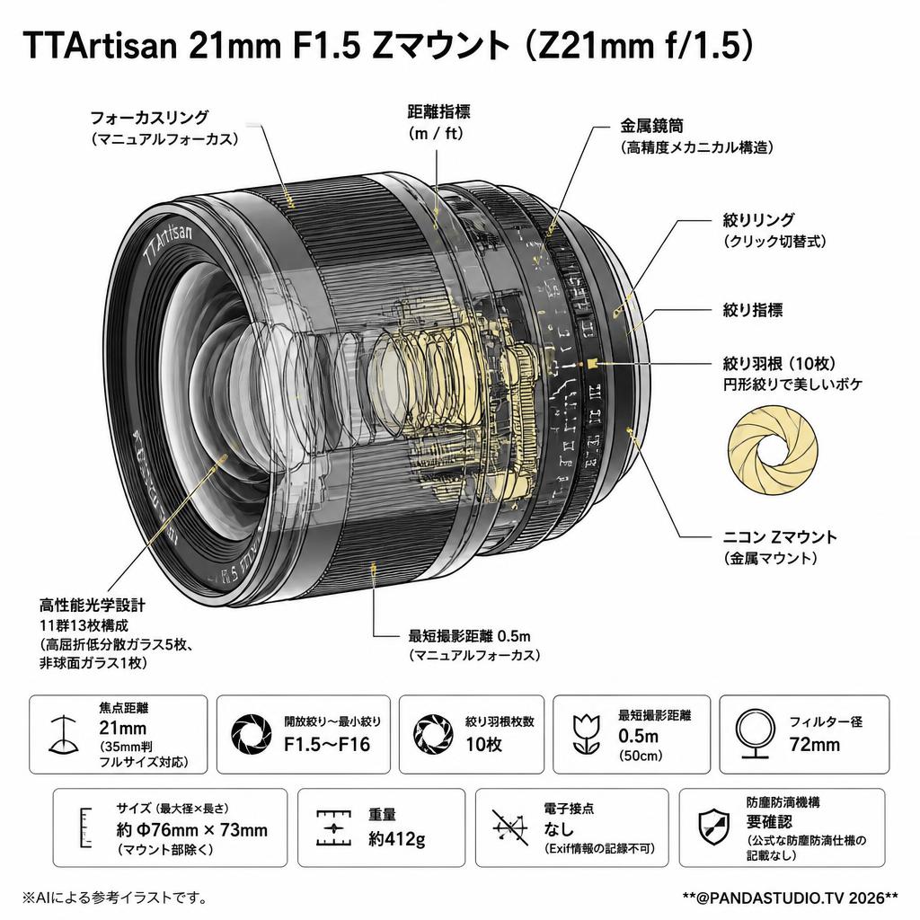TTArtisan 21mm F1.5 Zマウント（Z21mm f/1.5） スペック